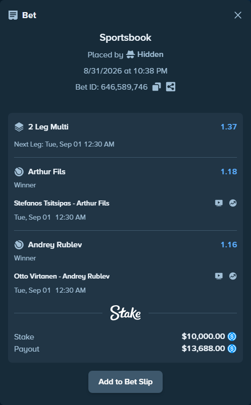 Bet slip: Stefanos Tsitsipas - Arthur Fils, $10,000.00 stake at 1.18 odds, placed by Hidden
