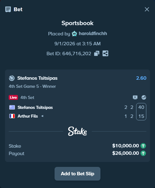 Bet slip: Stefanos Tsitsipas - Arthur Fils, $10,000.00 stake at 2.60 odds, placed by haroldfinchh