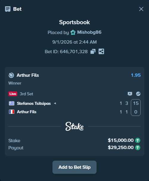 Bet slip: Stefanos Tsitsipas - Arthur Fils, $15,000.00 stake at 1.95 odds, placed by Mishobg86