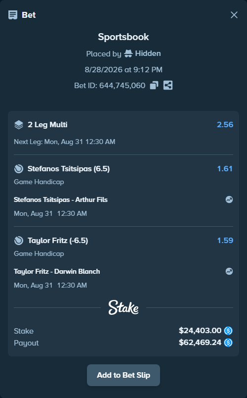 Bet slip: Stefanos Tsitsipas - Arthur Fils, $24,403.00 stake at 1.61 odds, placed by Hidden