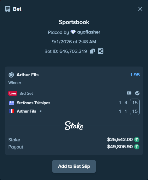 Bet slip: Stefanos Tsitsipas - Arthur Fils, $25,542.00 stake at 1.95 odds, placed by ayoflasher
