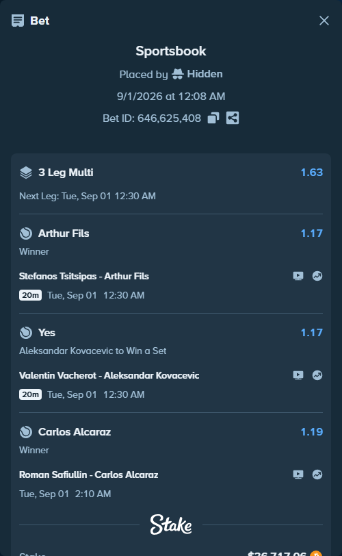 Bet slip: Stefanos Tsitsipas - Arthur Fils, $36,920.41 stake at 1.17 odds, placed by Hidden