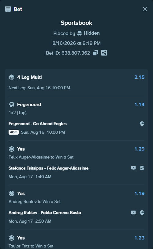 Bet slip: Stefanos Tsitsipas - Felix Auger-Aliassime, $10,000.00 stake at 1.29 odds, placed by Hidden