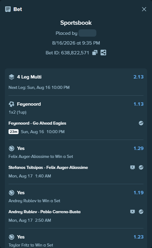 Bet slip: Stefanos Tsitsipas - Felix Auger-Aliassime, $10,243.00 stake at 1.29 odds, placed by Bossnatty