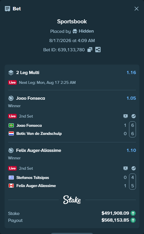 Bet slip: Stefanos Tsitsipas - Felix Auger-Aliassime, $492,400.00 stake at 1.10 odds, placed by Hidden
