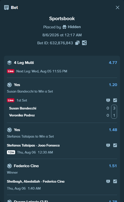 Bet slip: Stefanos Tsitsipas - Joao Fonseca, $20,000.00 stake at 1.48 odds, placed by Hidden