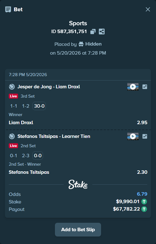 Bet slip: Stefanos Tsitsipas - Learner Tien, $10,000.00 stake at 2.30 odds, placed by Hidden