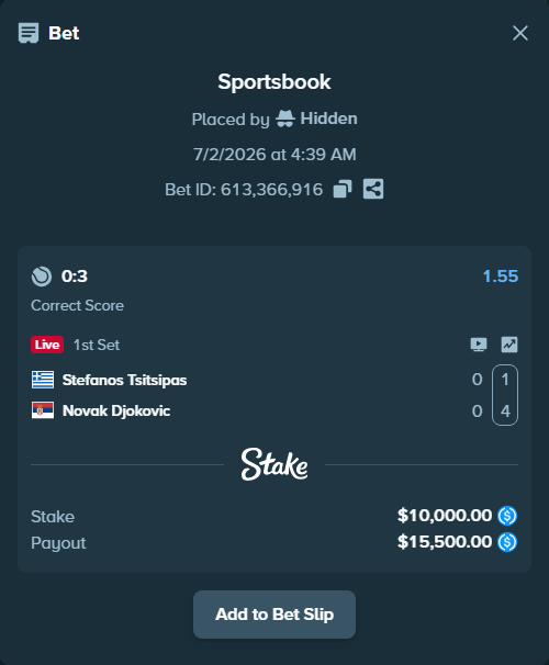 Bet slip: Stefanos Tsitsipas - Novak Djokovic, $10,000.00 stake at 1.55 odds, placed by Hidden