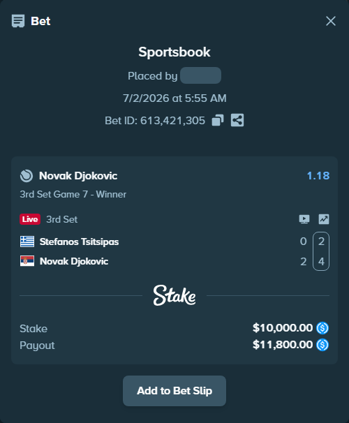 Bet slip: Stefanos Tsitsipas - Novak Djokovic, $10,000.00 stake at 1.18 odds, placed by timkot