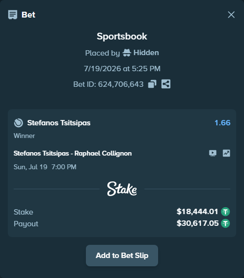 Bet slip: Stefanos Tsitsipas - Raphael Collignon, $18,444.01 stake at 1.66 odds, placed by Hidden