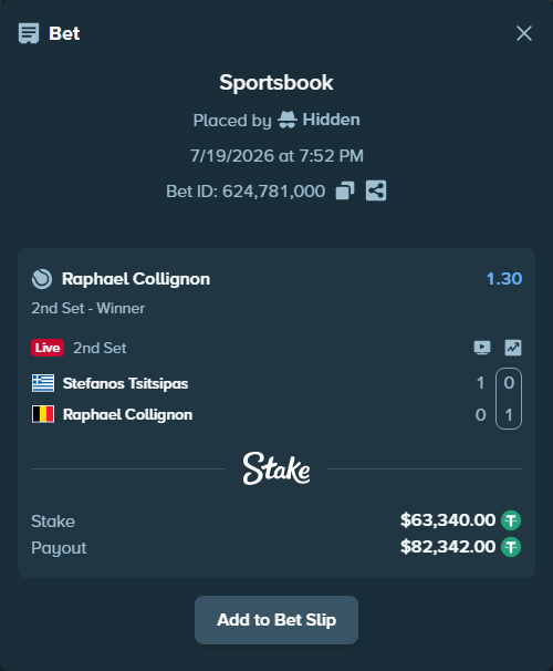 Bet slip: Stefanos Tsitsipas - Raphael Collignon, $63,340.00 stake at 1.30 odds, placed by Hidden