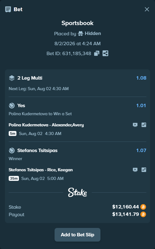 Bet slip: Stefanos Tsitsipas - Rice, Keegan, $12,570.09 stake at 1.07 odds, placed by Hidden
