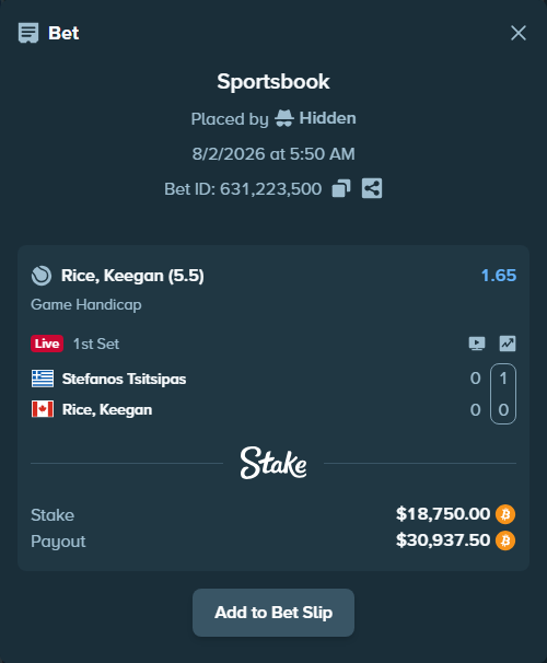 Bet slip: Stefanos Tsitsipas - Rice, Keegan, $19,297.20 stake at 1.65 odds, placed by Hidden