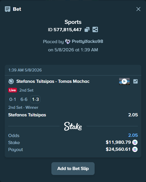 Bet slip: Stefanos Tsitsipas - Tomas Machac, $9,979.78 stake at 2.05 odds, placed by Prettylfacko98