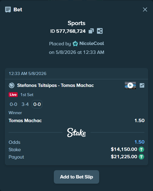 Bet slip: Stefanos Tsitsipas - Tomas Machac, $14,150.00 stake at 1.50 odds, placed by NicoleCoal