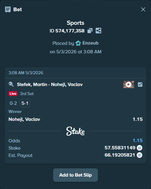 Bet slip: Stefek, Martin - Nohejl, Vaclav (1975), $4,231.69 stake at 1.15 odds, placed by Enzeub