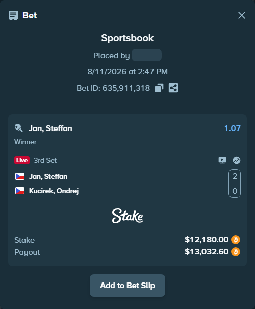Bet slip: Steffan, Jan - Kucirek, Ondrej, $12,155.91 stake at 1.07 odds, placed by AustinAlgamus