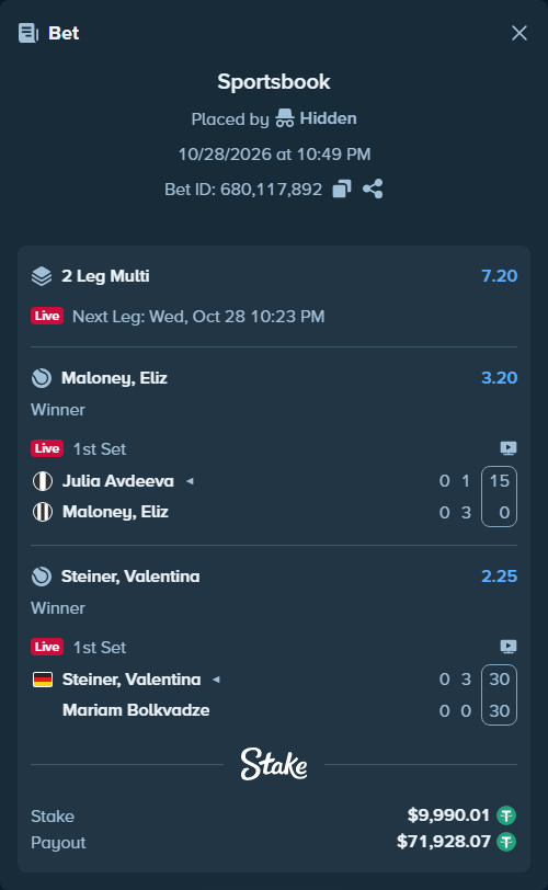 Bet slip: Steiner, Valentina - Mariam Bolkvadze, $10,000.00 stake at 2.25 odds, placed by Hidden