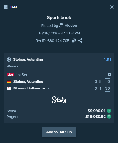 Bet slip: Steiner, Valentina - Mariam Bolkvadze, $10,000.00 stake at 1.91 odds, placed by Hidden
