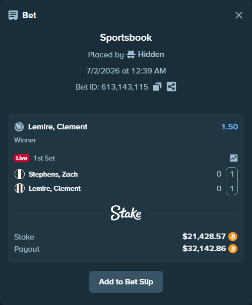 Bet slip: Stephens, Zach - Lemire, Clement, $23,156.64 stake at 1.50 odds, placed by Hidden