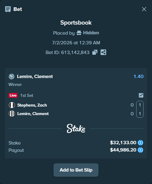 Bet slip: Stephens, Zach - Lemire, Clement, $32,133.00 stake at 1.40 odds, placed by Hidden