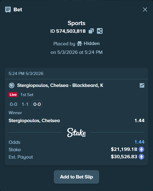 Bet slip: Stergiopoulos, Chelsea - Blackbeard, K, $17,540.70 stake at 1.44 odds, placed by Hidden