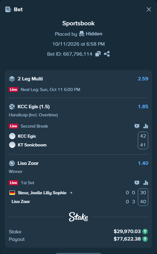 Bet slip: Steur, Joelle Lilly Sophie - Lisa Zaar, $30,000.00 stake at 1.40 odds, placed by Hidden