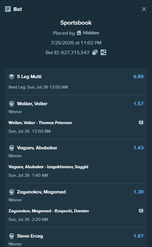 Bet slip: Steve Erceg - Temirov, Ramazonbek, $15,333.12 stake at 1.87 odds, placed by Hidden