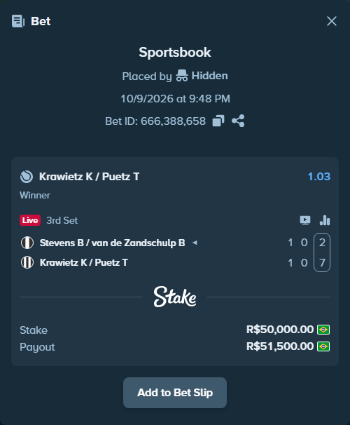 Bet slip: Stevens B / van de Zandschulp B - Krawietz K / Puetz T, $10,000.00 stake at 1.03 odds, placed by DOUGLASR19