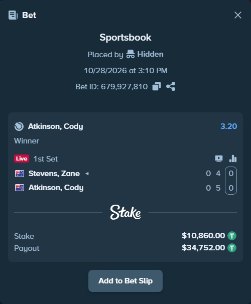 Bet slip: Stevens, Zane - Atkinson, Cody, $10,870.86 stake at 3.20 odds, placed by Hidden