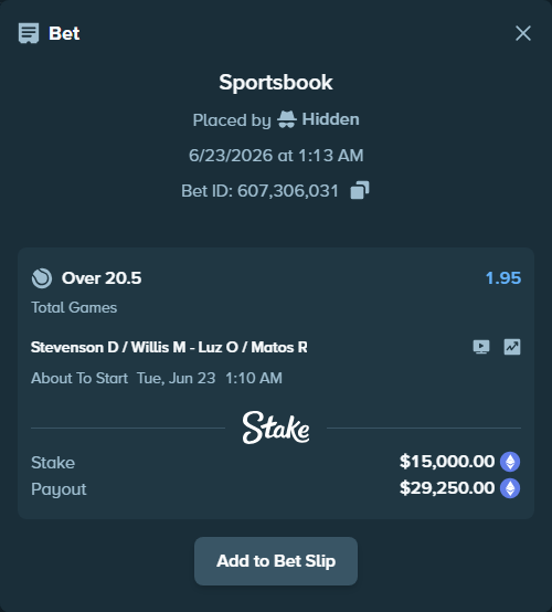 Bet slip: Stevenson D / Willis M - Luz O / Matos R, $13,604.70 stake at 1.95 odds, placed by Hidden