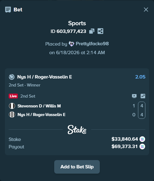 Bet slip: Stevenson D / Willis M - Nys H / Roger-Vasselin E, $31,535.16 stake at 2.05 odds, placed by Prettylfacko98