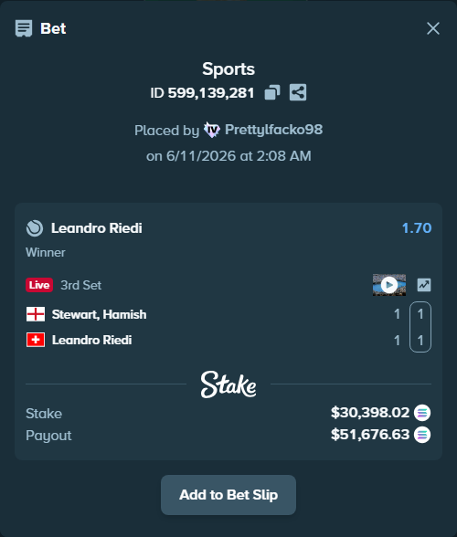 Bet slip: Stewart, Hamish - Leandro Riedi, $34,387.70 stake at 1.70 odds, placed by Prettylfacko98