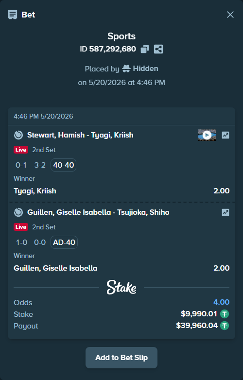 Bet slip: Stewart, Hamish - Tyagi, Kriish, $10,000.00 stake at 2.00 odds, placed by Hidden