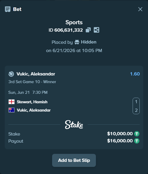 Bet slip: Stewart, Hamish - Vukic, Aleksandar, $10,010.00 stake at 1.60 odds, placed by Hidden