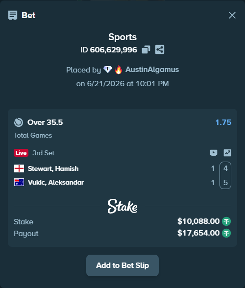 Bet slip: Stewart, Hamish - Vukic, Aleksandar, $10,098.09 stake at 1.75 odds, placed by AustinAlgamus