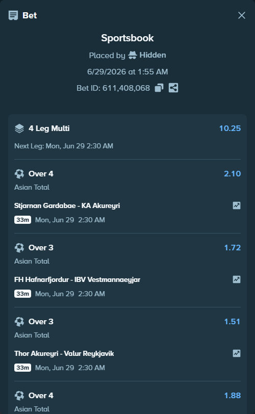 Bet slip: Stjarnan Gardabae - KA Akureyri, $50,000.00 stake at 2.10 odds, placed by Hidden