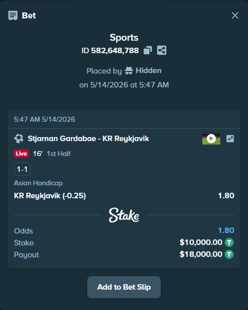 Bet slip: Stjarnan Gardabae - KR Reykjavik, $10,000.00 stake at 1.80 odds, placed by Hidden