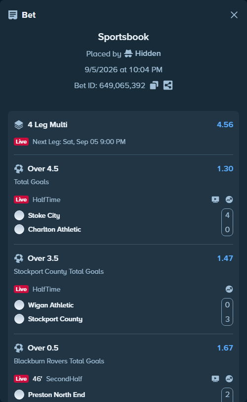 Bet slip: Stoke City - Charlton Athletic, $19,535.00 stake at 1.30 odds, placed by Hidden