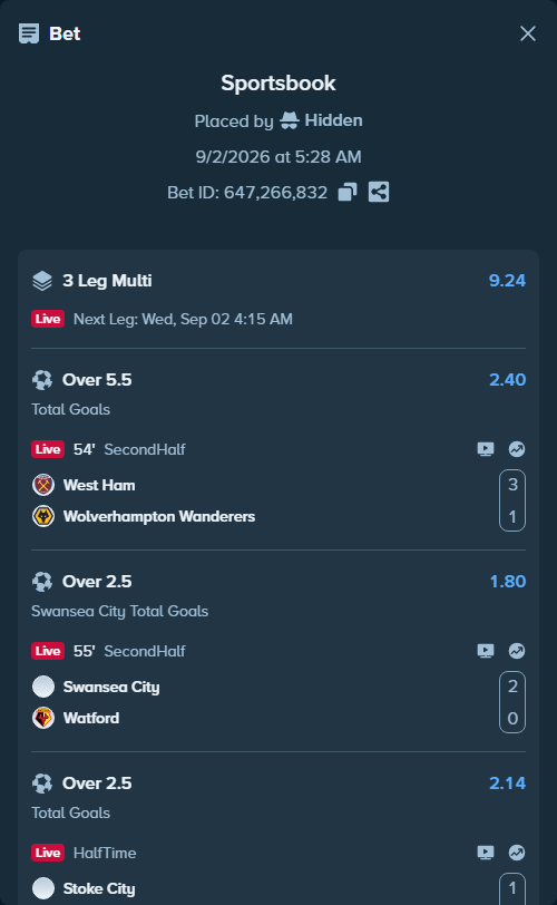 Bet slip: Stoke City - Norwich City, $10,172.70 stake at 2.14 odds, placed by Hidden