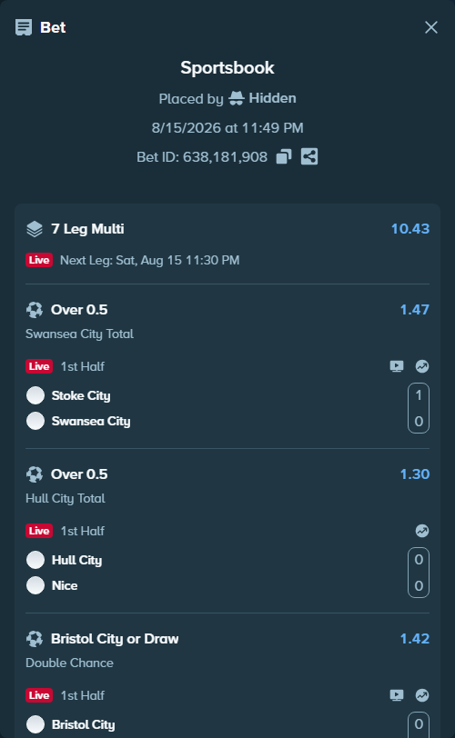 Bet slip: Stoke City - Swansea City, $60,060.00 stake at 1.47 odds, placed by Hidden