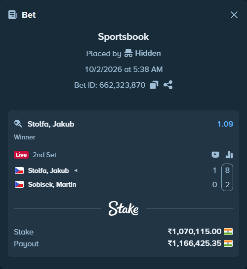 Bet slip: Stolfa, Jakub - Sobisek, Martin, $12,841.38 stake at 1.09 odds, placed by shiiivaniii