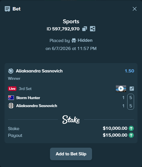 Bet slip: Storm Hunter - Aliaksandra Sasnovich, $10,000.00 stake at 1.50 odds, placed by Hidden