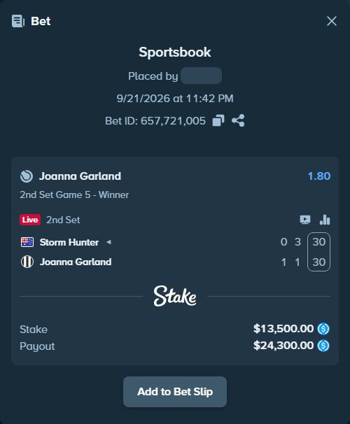 Bet slip: Storm Hunter - Joanna Garland, $13,500.00 stake at 1.80 odds, placed by kuwkuw