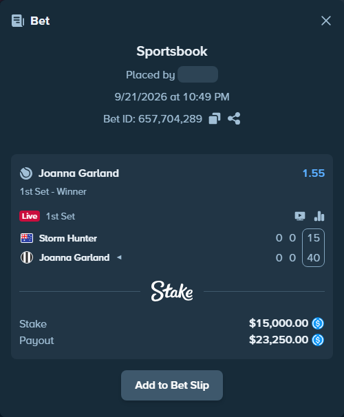 Bet slip: Storm Hunter - Joanna Garland, $15,000.00 stake at 1.55 odds, placed by kuwkuw
