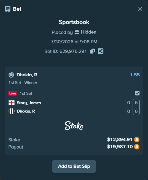 Bet slip: Story, James - Dhokia, R, $12,864.80 stake at 1.55 odds, placed by Hidden