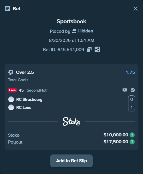 Bet slip: Strasbourg - Lens, $10,000.00 stake at 1.75 odds, placed by Hidden