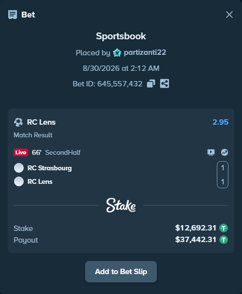Bet slip: Strasbourg - Lens, $12,692.31 stake at 2.95 odds, placed by partizanti22