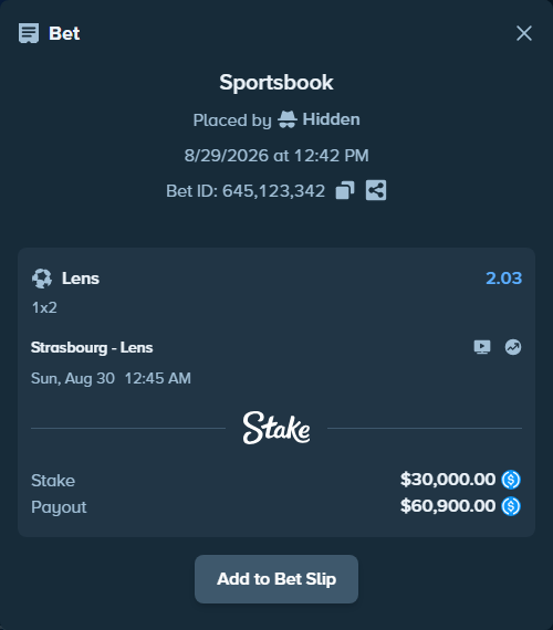 Bet slip: Strasbourg - Lens, $30,000.00 stake at 2.03 odds, placed by Hidden