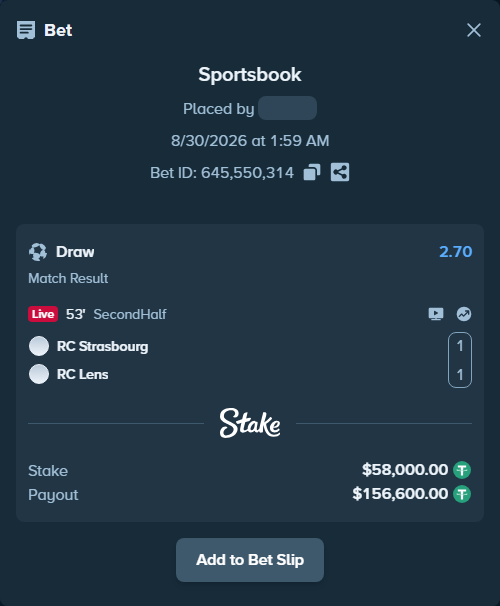 Bet slip: Strasbourg - Lens, $58,000.00 stake at 2.70 odds, placed by ayoflasher